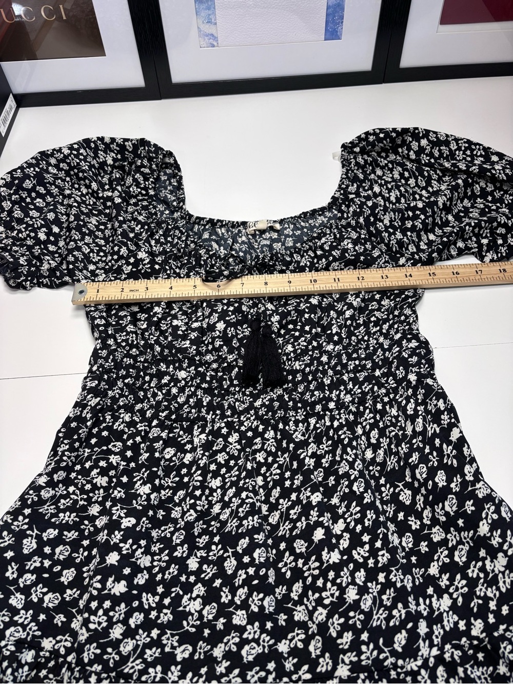 Blush Floral Puff Sleeve Mini Dress Size M Black White Tie Front Ruffle NWOT - Picture 12 of 15